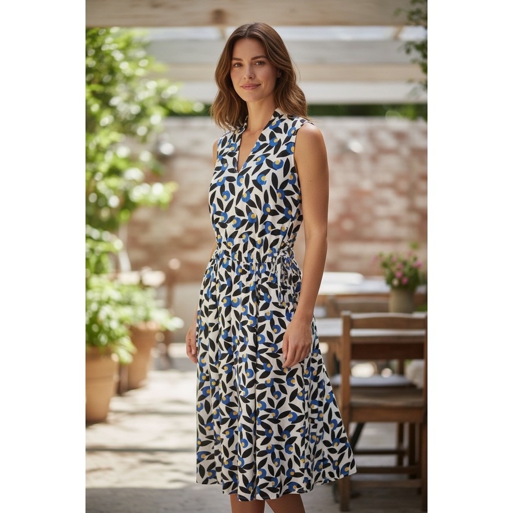 Anne Klein Sleeveless Midi Dress Abstract Floral Blue Yellow Black White XS